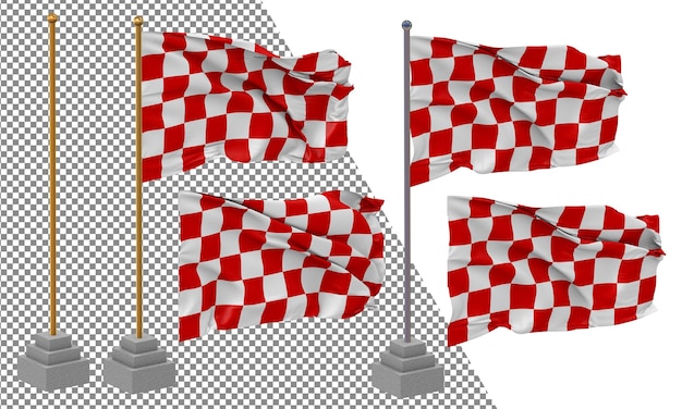 PSD racing red and white checkered flag waving different style with stand pole isolated 3d rendering