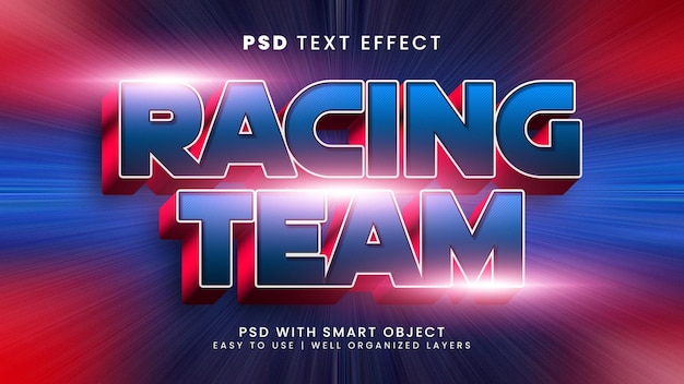 PSD racing team 3d bewerkbaar teksteffect met sport en snelheid tekststijl