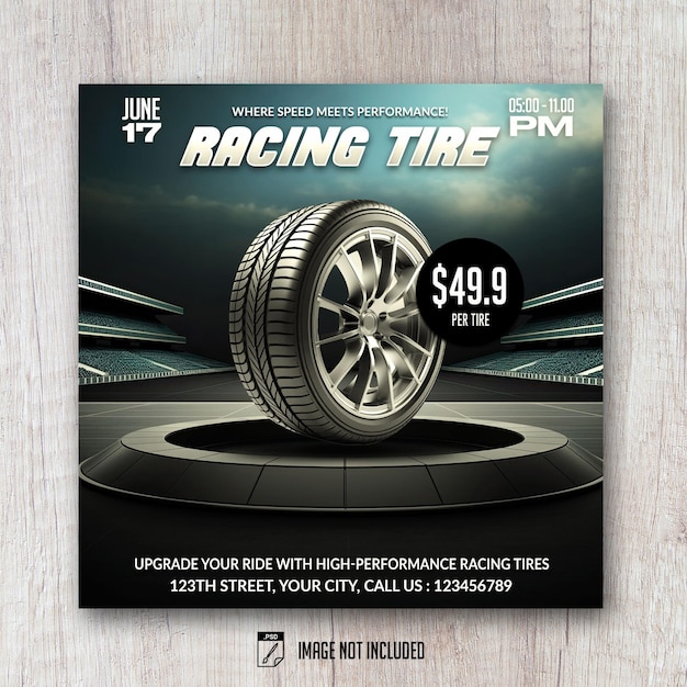 Racing tire square flyer social media design post banner