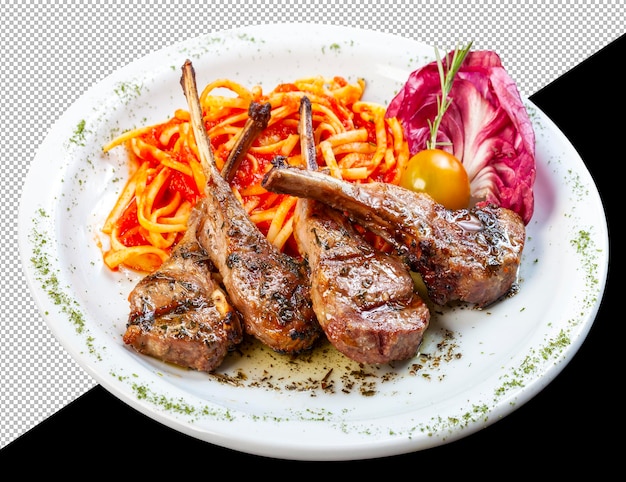 PSD rack of lamb with pasta tomato sauce and salad