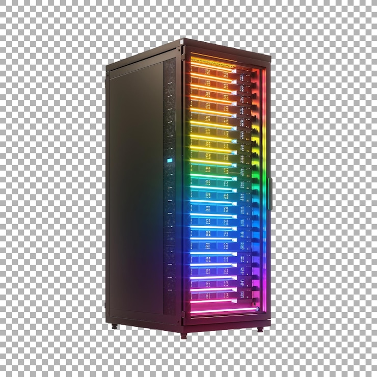 PSD rack of servers in data centers in neon light on transparent background ai generated