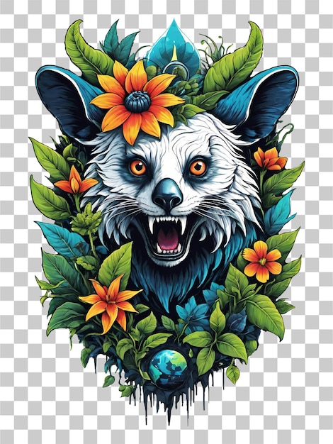 PSD racoon head with flowers and leaves on transparent background