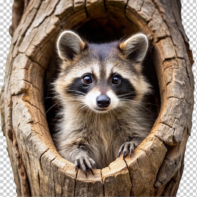 PSD racoon in a hole of tree on transparent background