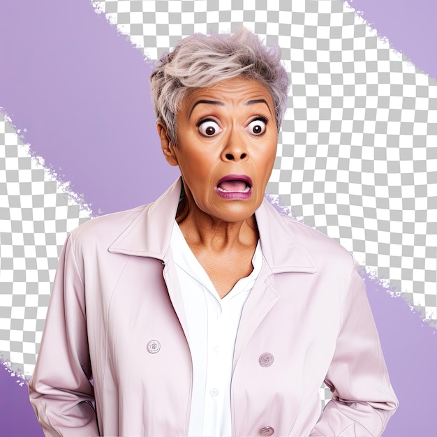 PSD radiant african american senior podiatrist confident shocked stylish pose on lilac backdrop