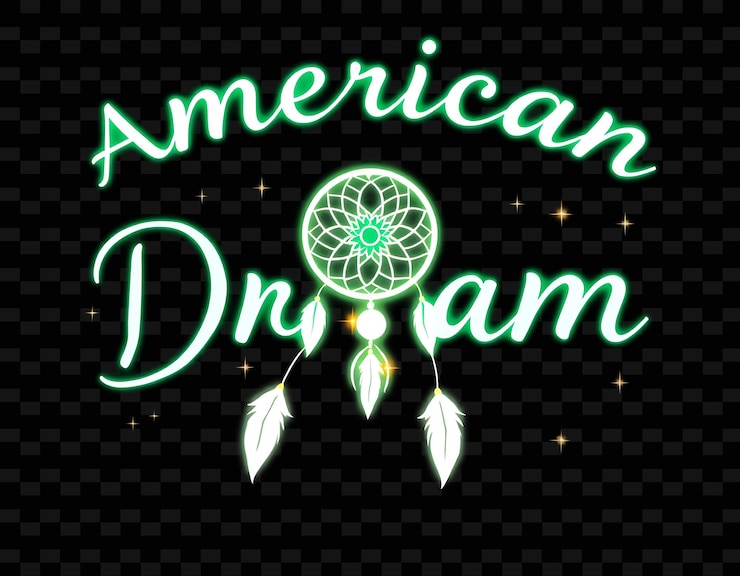 PSD 美國夢想 (radiant american dream) 字幕,以虹綠色翡翠綠色和鮮白色,並配有閃光夢想捕捉器 (luminescent dreamcatcher) 