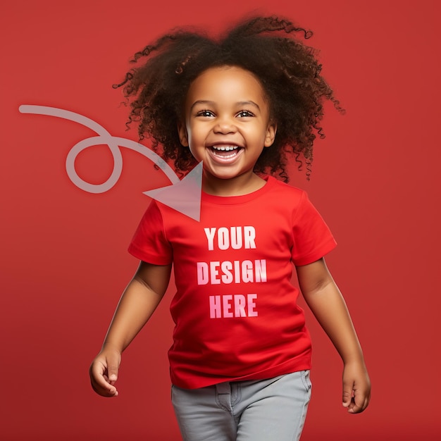 Radiant child in red tshirt mockup vivid red backdrop joyful studio portrait