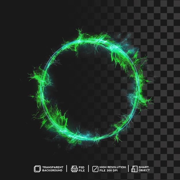 Cerchio radiante energia effetto luce verde su sfondo trasparente isolato