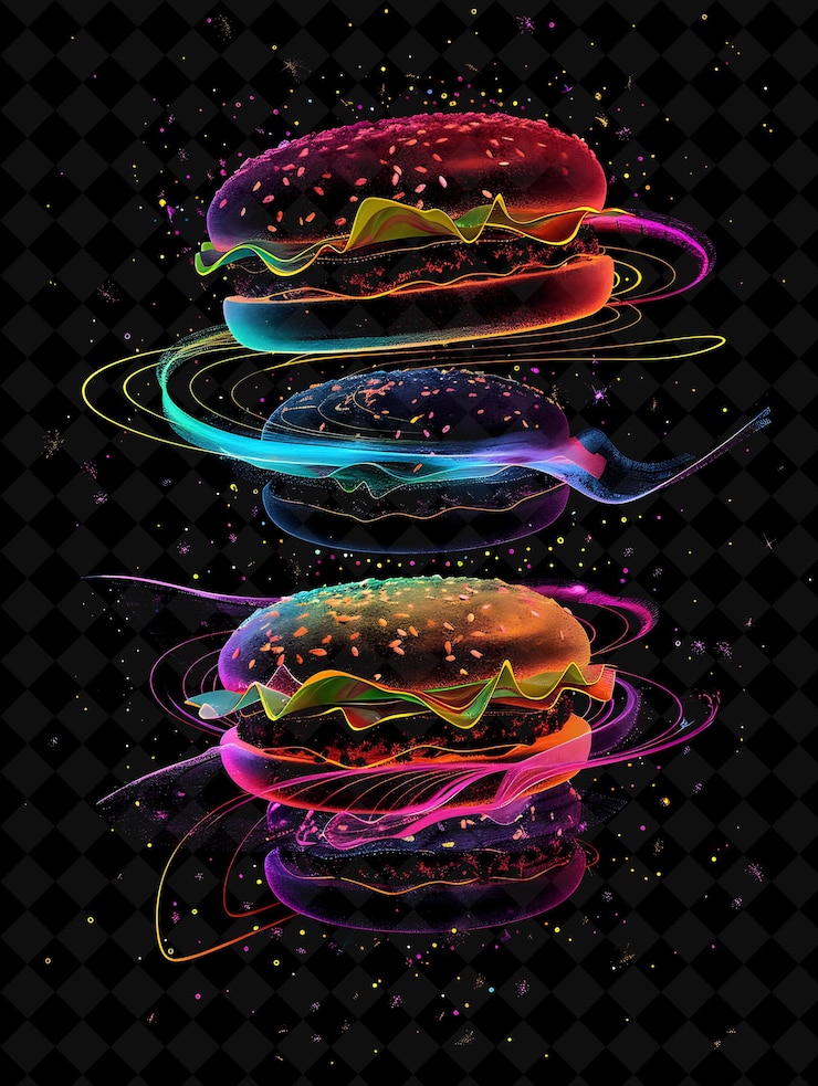 PSD radiant fluorescent burger buns crumbling and disintegrating neon color food drink y2k collection