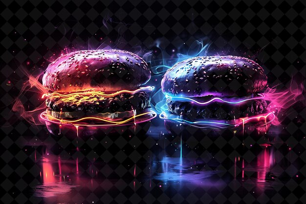 PSD burger fluorescenti radianti che girano e ruotano burger bun neon color alimento bevanda collezione y2k