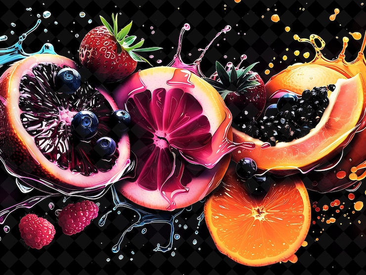 PSD radiant fluorescent fruits with juice splattering and bursti neon color food drink y2k collection