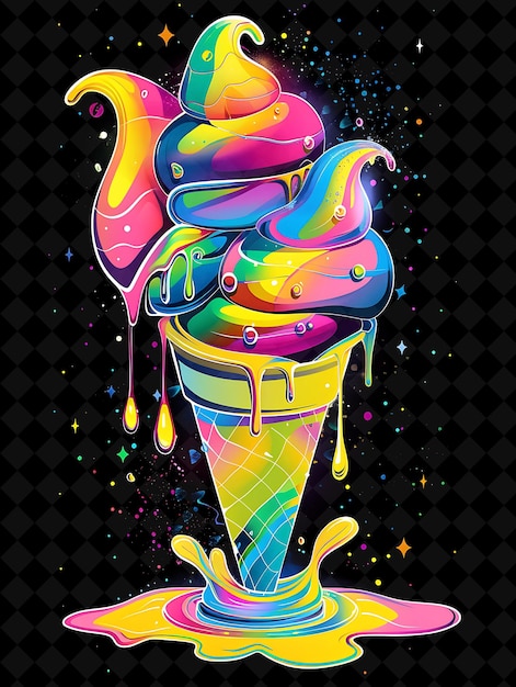 PSD 빛나는 형광 아이스크림 녹는 및 회전 아이스크림 네온 색상 음식 음료 y2k 컬렉션