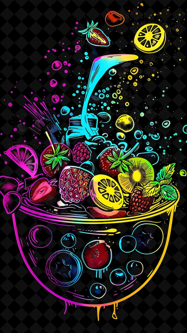 PSD radiant fluorescent smoothie bowls with toppings overflowing neon color food drink y2k collection