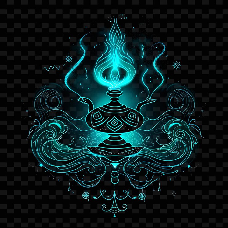 PSD radiant glow of a genie emerging from a lamp with neon turqu png creative neon line art designs