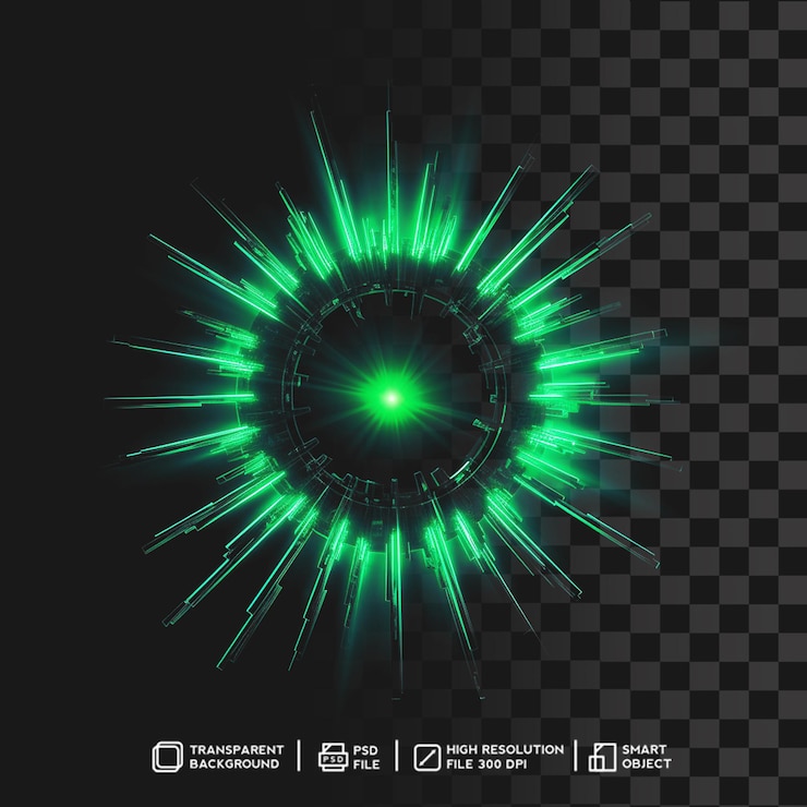PSD radiant green light burst effect on isolated transparent background