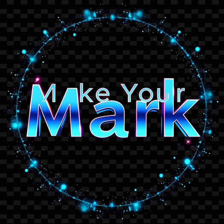 PSD radiant make your mark text shimmers with neon electric blue and aqua holographic gradient effe