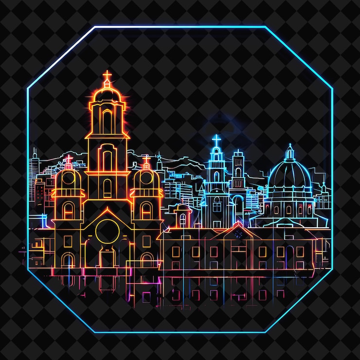 PSD 光霓虹塞布城市景觀 (radiant neon cebu cityscape within a silhouette) 六角形土地 (png y2k) 單形城市景觀拼貼藝術