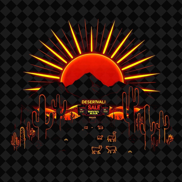 PSD radiant neon desert festival inside a silhouette sun landscape with glowing sale signs cacti and ti