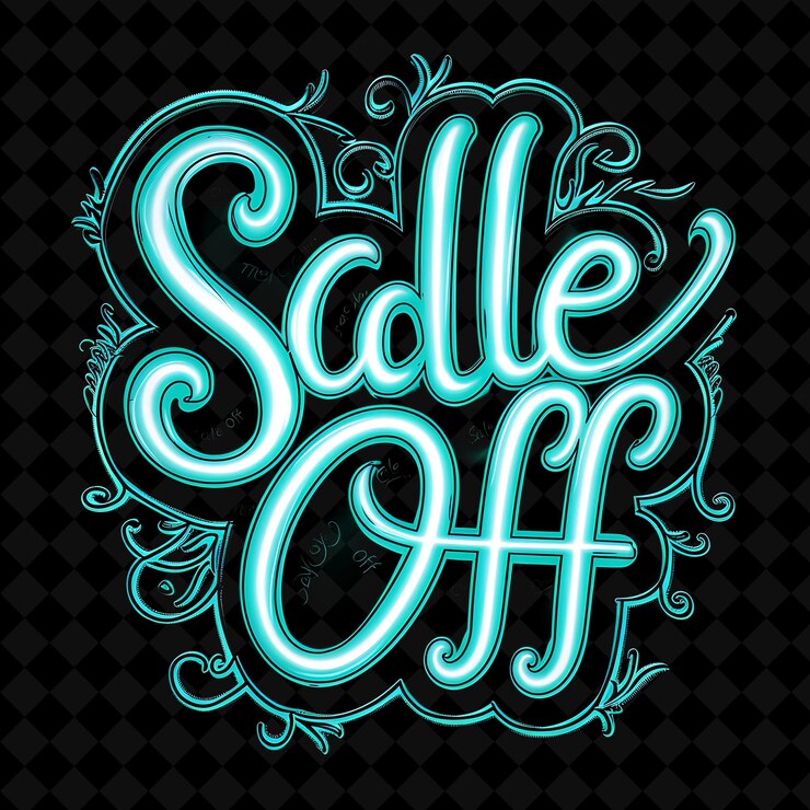 PSD radiant neon glow of sale off text in vibrant turquoise with png y2k decorative sale post designs