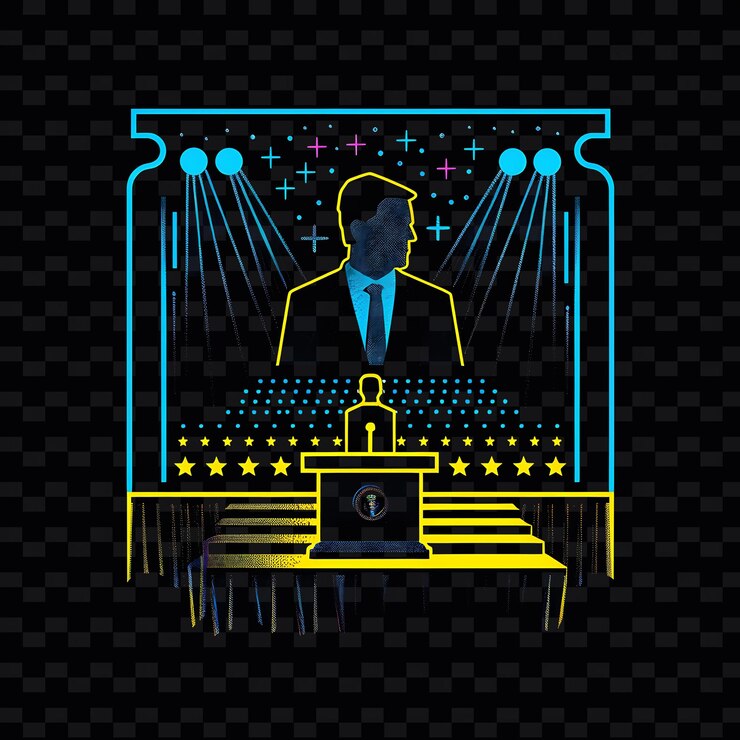 PSD radiant neon glow with a presidential candidate on stage lan neon line art landscape background