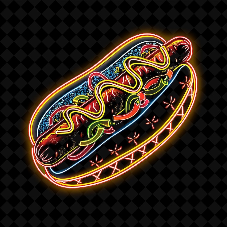 PSD radiant neon lines chicago style hot dog w motywie baseballowym png neon food decor y2k collection