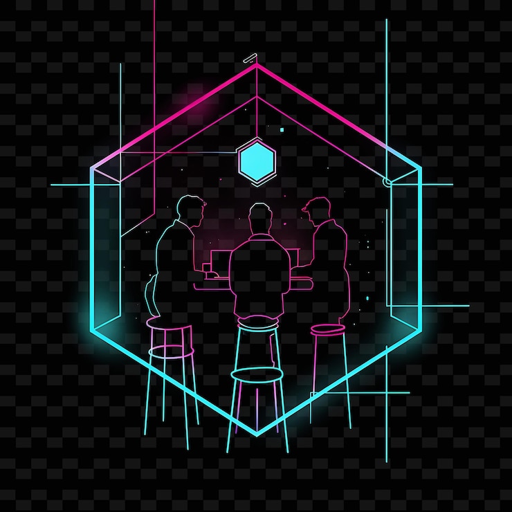 PSD radiant neon pac with members and signs landscape inside a s neon line art city view background