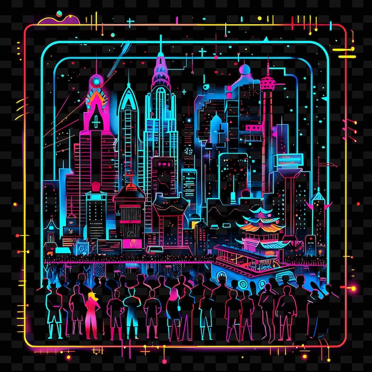 PSD radiant neon parade with candidates on floats landscape insi neon line art city view background