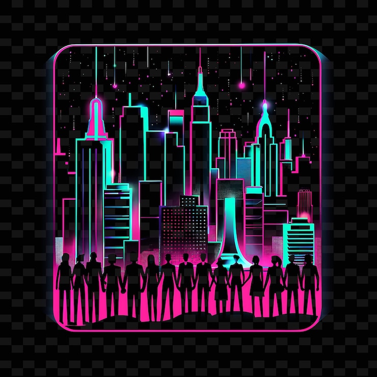 PSD radiant neon parade with candidates on floats landscape insi neon line art landscape background