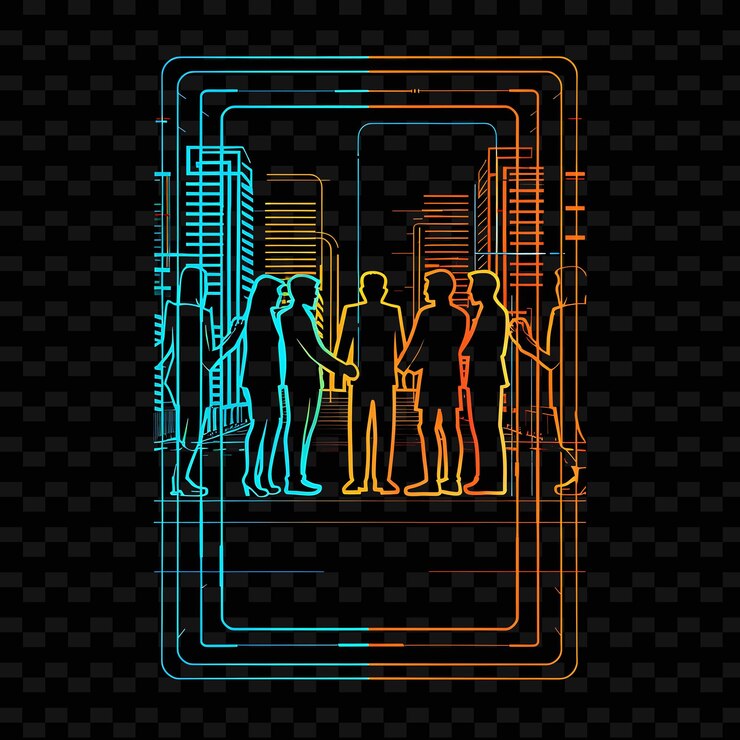 PSD radiant neon parade with candidates shaking hands landscape neon line art landscape background
