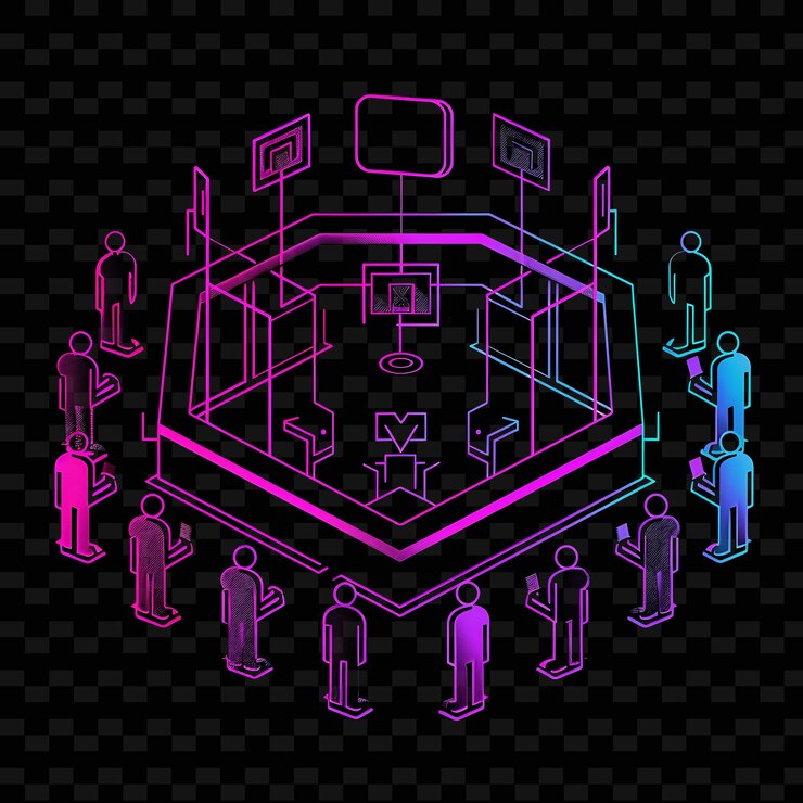 PSD radiant neon parallel voting with members and signs landscap neon line art landscape background