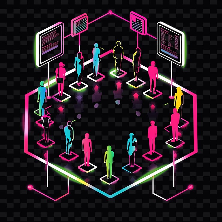 PSD radiant neon parallel voting with members and signs landscap neon line art landscape background