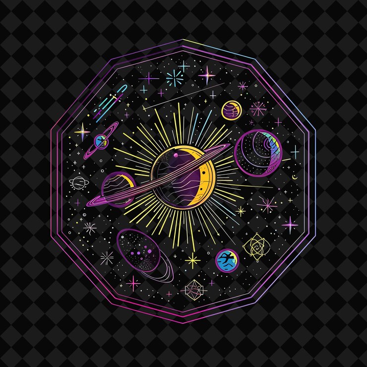 PSD radiant neon the solar system inside a silhouette pentadecag png y2k neon space designs