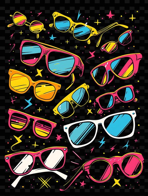 PSD radiant sunglasses and retro accessories scattered sunglasse y2k texture shape background decor art