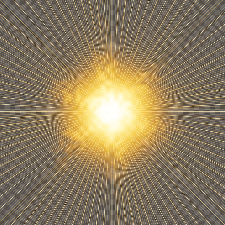 PSD radiating golden light burst isolated on a transparent background in abstract style