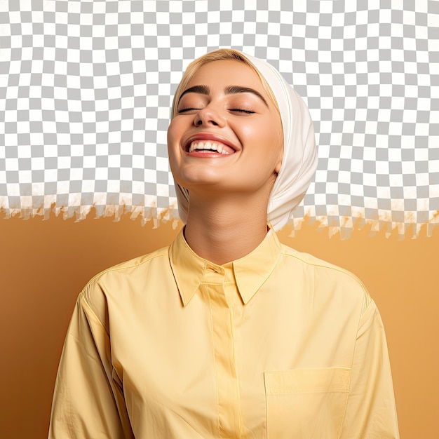 PSD radiologist beauty serene middle eastern with blonde hair eyes closed smiling