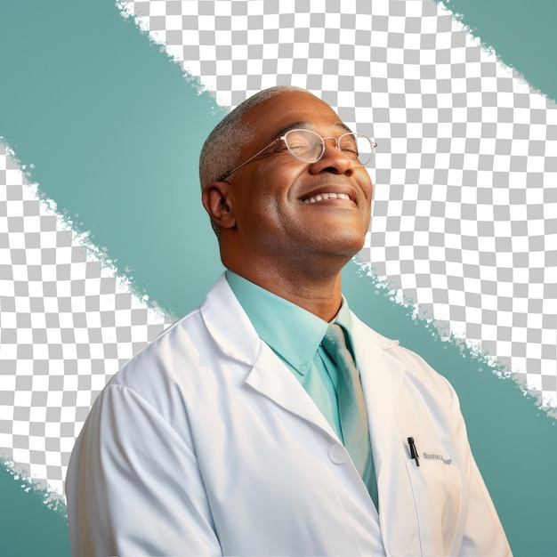 Radiologists serene pose smiling african american man short hair eyes closed pastel turquoise background