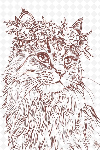 PSD 평화로운 표정으로 꽃 왕관을 입은 래그돌 고양이 동물 스케치 아트 터 컬렉션