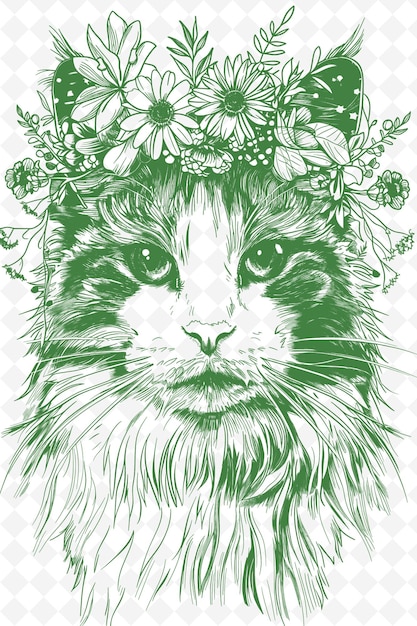 PSD ragdoll cat wearing a floral crown with a serene expression animals sketch art vector collections