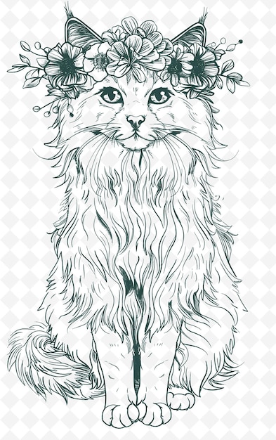 PSD 꽃 왕관을 가진 래그돌 고양이 달하고 순진하게 보이는 p 동물 스케치 아트 터 컬렉션