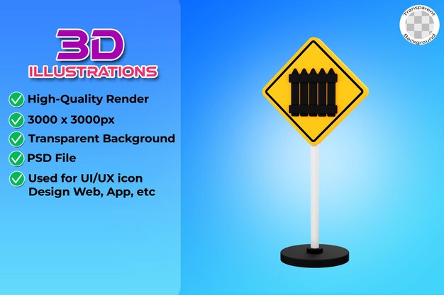 PSD railroad crossing pole in front with 3d barrier illustration