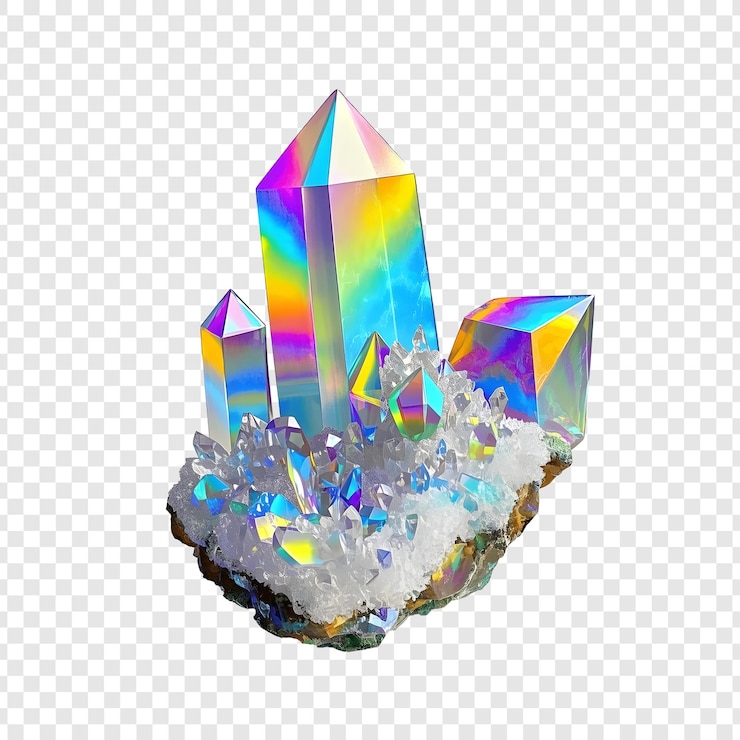 PSD rainbow aura quartz cluster isolated on transparent background