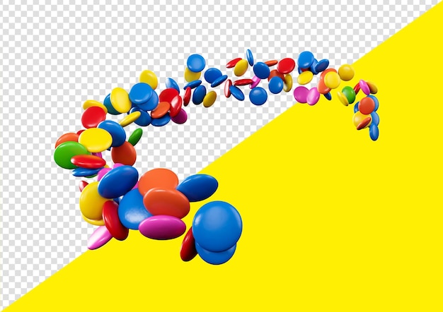 Rainbow coated candies flowing coming in the air 3d illustration