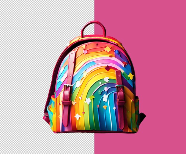 A rainbow colored backpack with rainbows on the back