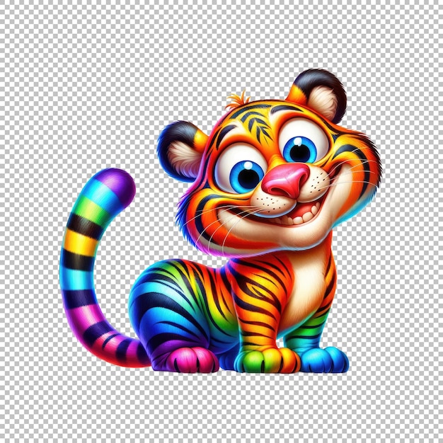 PSD rainbow colored tiger isolated on transparent background