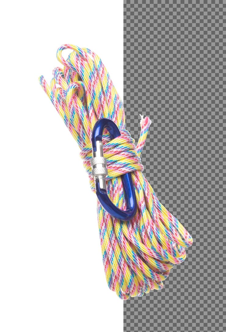 PSD rainbow colorful climbing rope roll fly in air strong safety climbing rope for sport mountain hobby need safety gear to lock hold weight of climber rope white background isolated