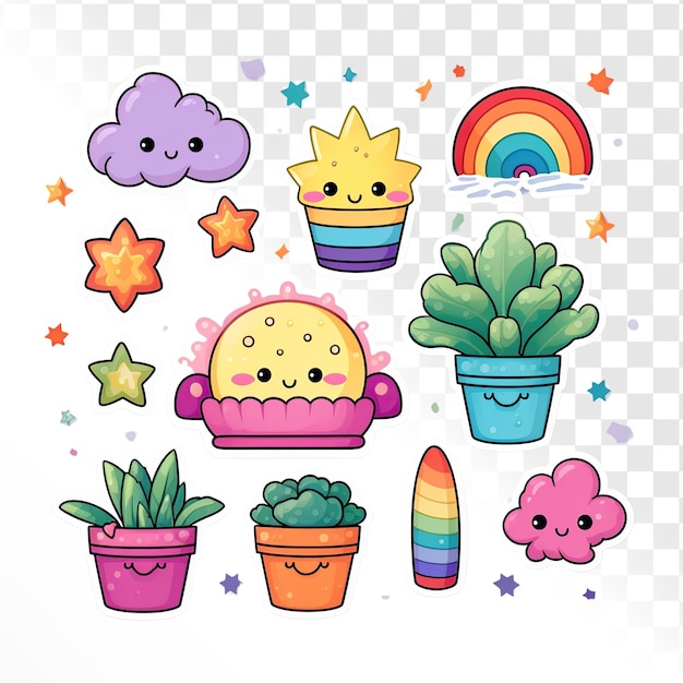 Rainbow cute stickers on transparency background