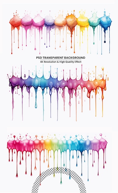 PSD rainbow glossy paint drop blobs isolated on white background