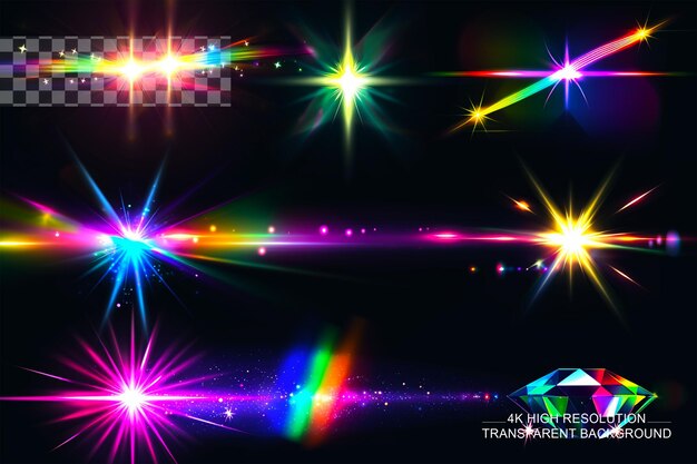 PSD rainbow kristal licht lek flare reflectie effect sets op transparante achtergrond.