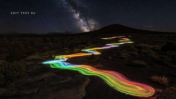 PSD rainbow light trails across a dark desert landscape at night under the milky way