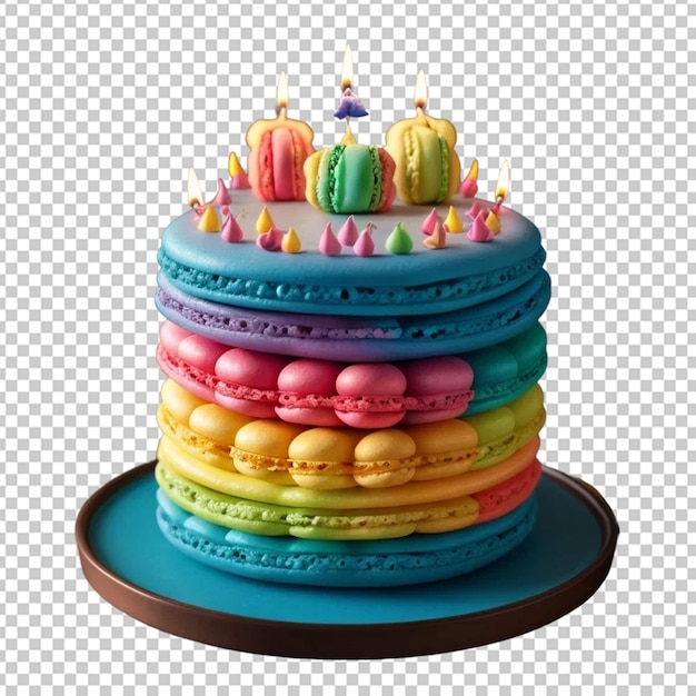 Rainbow macaron filled cake with candle