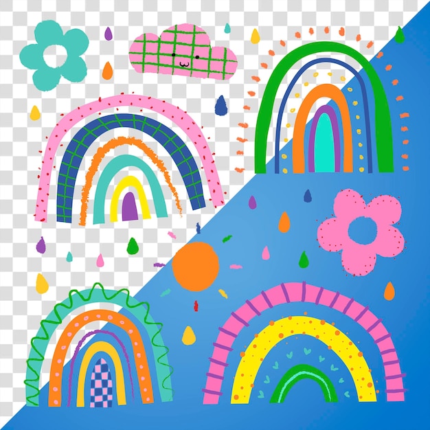 rainbow png sticker in funky doodle style set